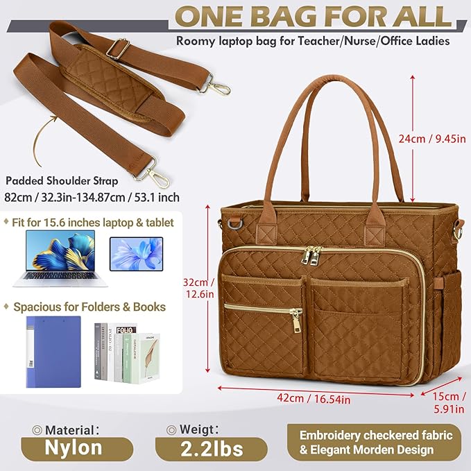 RAINSMORE Teacher Tote Bag 15.6 inch Laptop Bag for Women Work Bags Laptop Tote Nurse Bag Professional Computer Messenger with Insulated Pocket, Laptop Briefcase for Office, College, Nursing, Brown