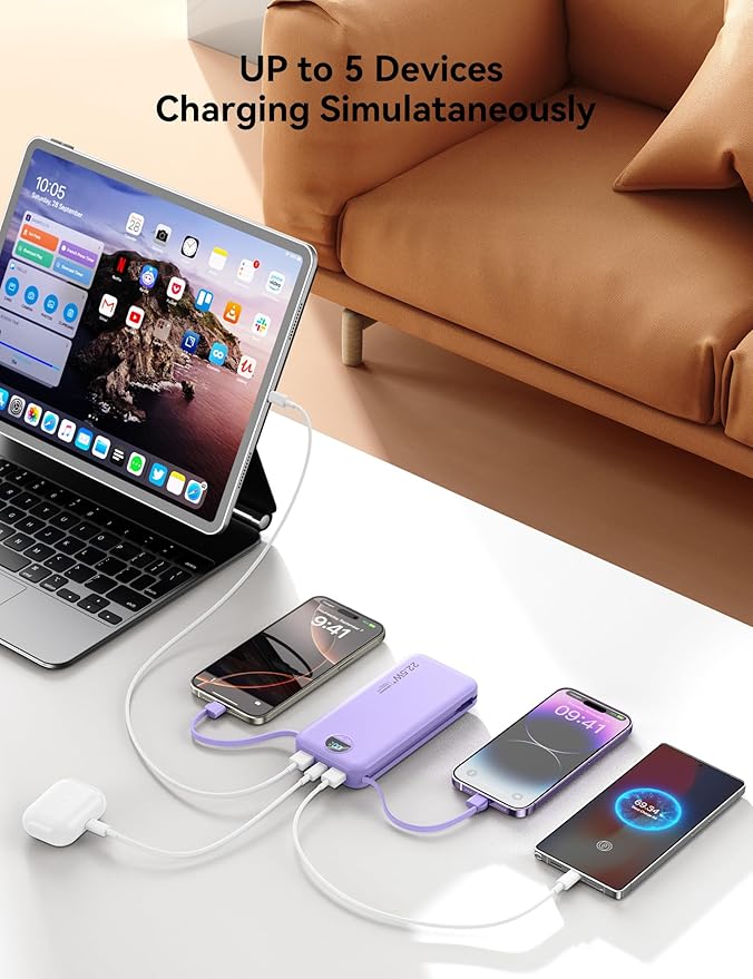 12000mAh Ultra-Portable-Charger-Power-Bank with Built in Cables&AC Wall Plug,PD20W USB-C Fast Charging Cell Phone Charger Battery Pack,LED Display Travel Battery Bank for All iPhone,Samsung,Android