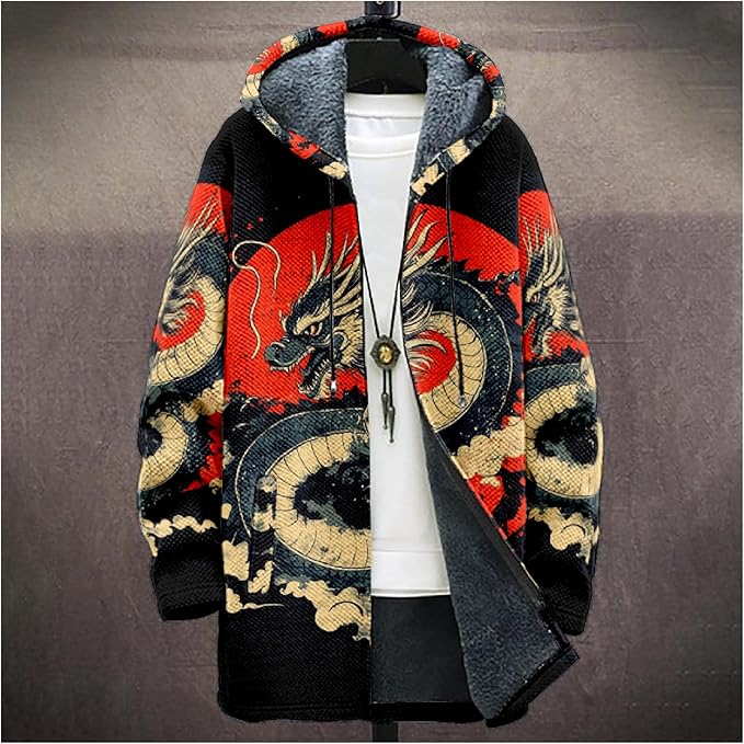 Mens Hooded Cardigan Japanese Art Zip Up Long Sleeve Sweater Hoodie Dragon Print Coat with Pockets