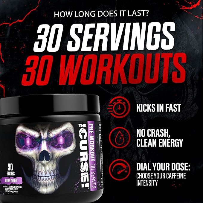 JNX SPORTS The Curse! Pre Workout Powder for Men & Women, Caffeine, Beta-Alanine, Creatine, L-Citrulline, 30 Servings, Blue Raspberry Flavor – Boost Energy, Strength & Focus