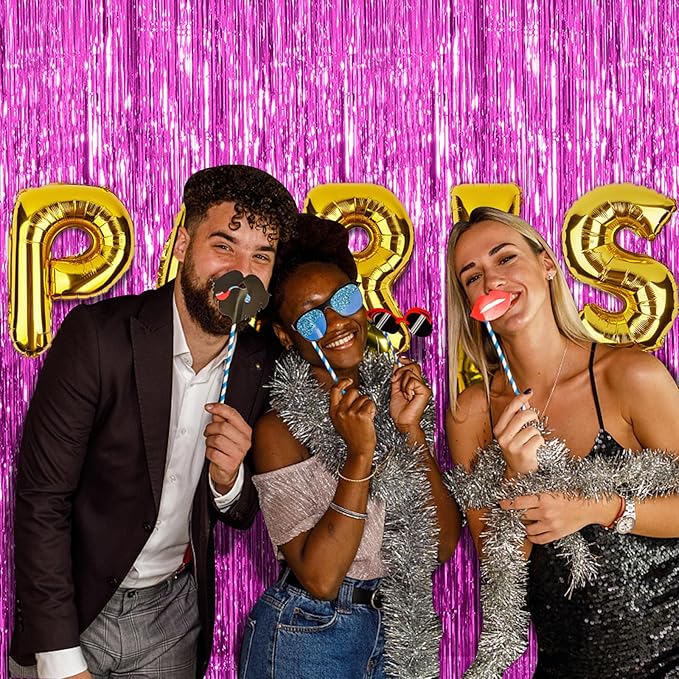 BOMSI 5 Pack Hot Pink Party Decorations - Tinsel Curtain Streamers Foil Fringe Backdrop for Birthday, Christmas, Bachelorette, Graduation, Fiesta Photo Booth