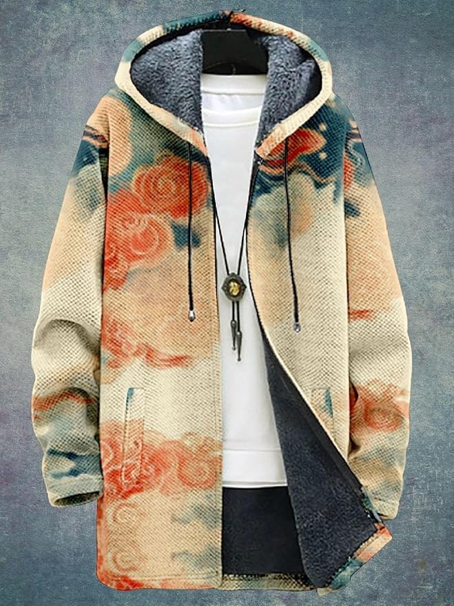 2025 Men's Ethnic Pattern Hooded Jacket Long Cardigan Hoodies Full Zip Vintage Knitted Zipper Coat with Pocket