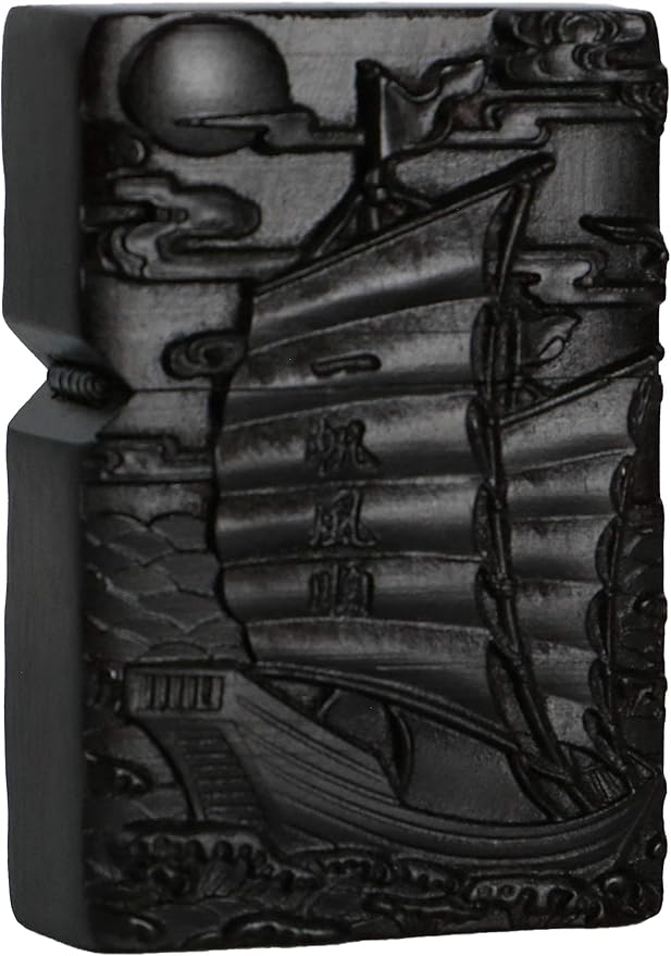 Natural Ebony Black Wood Carved Lighter Shell Box For Zippo Module (Sailing Boat)