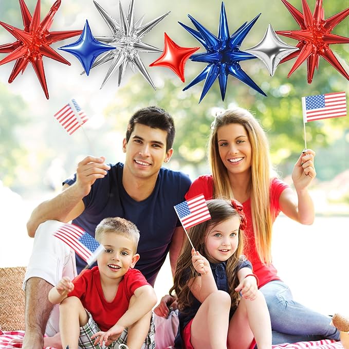 TONIFUL 18Pcs 22Inch Red Blue Silver Explosion Star Mylar Balloons and 10Inch Four Pointed Star Balloons Set for Christmas New Year Birthday Wedding Independence Day Anniversary Photo Booth Supplies
