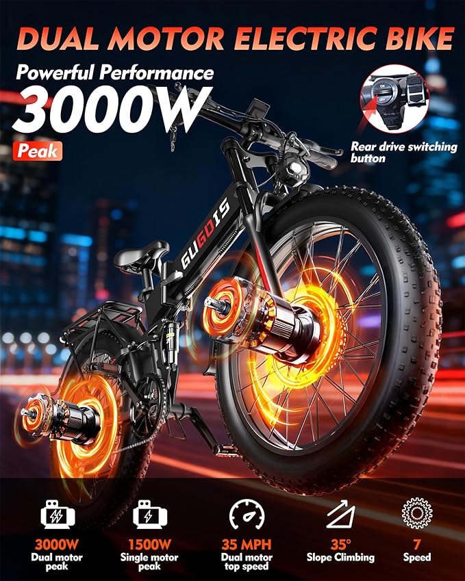 Electric Bike for Adults, 1000W/3000W Peak, 20"-26" Fat Tire Electric Dirt Bike, 48V 15.6Ah/23Ah Battery, Up to 30-35MPH & 45-60 Miles, Full Suspension, Dual Disc Brakes, 7-Speed All-Terrain E-Bike