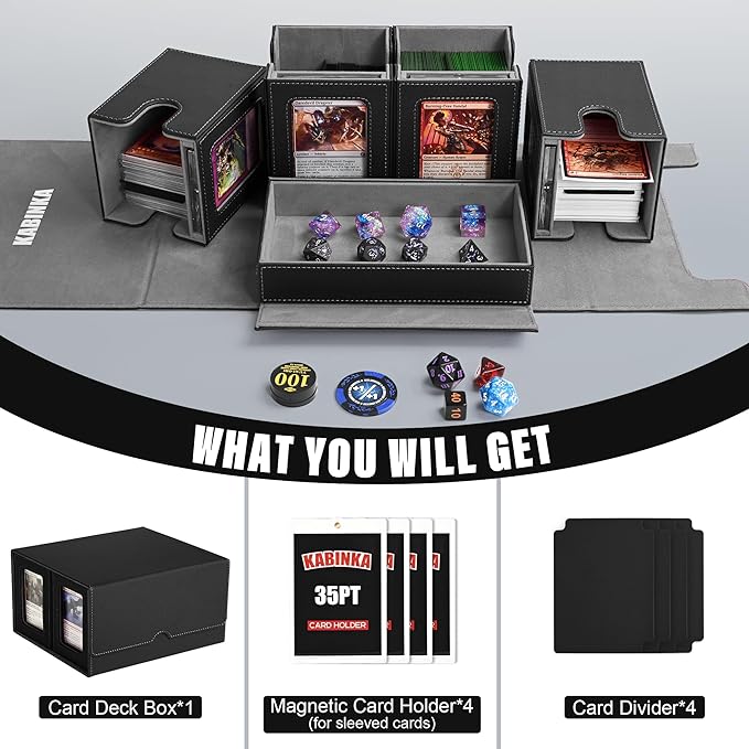 Kabinka Commander Deck Box for MTG Fits 400+ Double-Sleeved Card Storage, 5 IN 1 Removable Card Case with Dice Tray, Display Window for TCG/PTCG/EDH, 4 Magnetic One Touch Holders (Black)