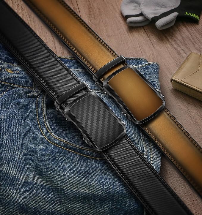 BULLIANT Men's Ratchet Belt 2 Pack-Click Leather Belt Adjustable for Men Gift 1 3/8-Cut for Perfect Fit
