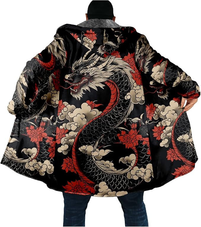Mens Hooded Cardigan Japanese Art Zip Up Long Sleeve Sweater Hoodie Dragon Print Coat with Pockets