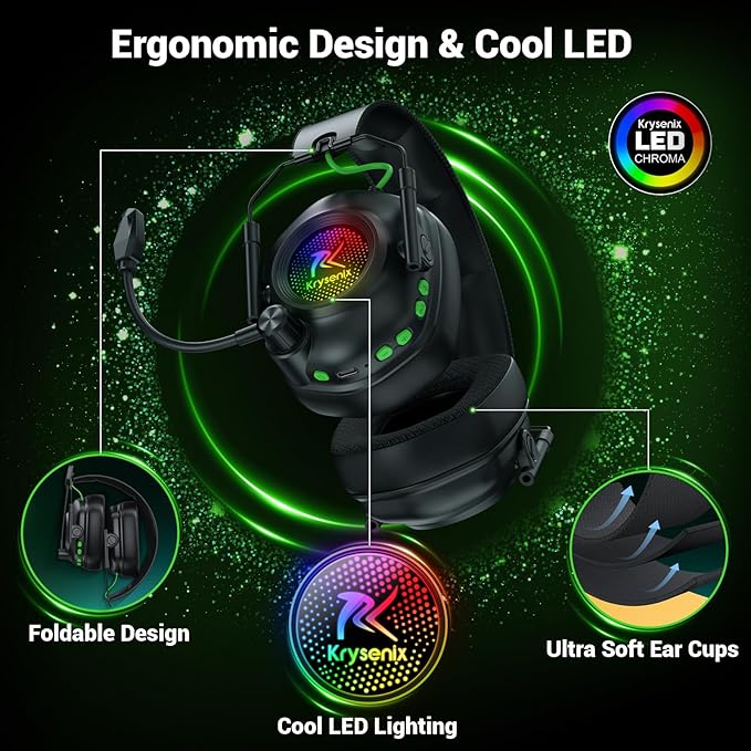 Wireless Gaming Headset with Noise Canceling Microphone for PC, PS5, PS4, Switch, Mac, 2.4 GHz Wireless & Bluetooth 5.4 Gaming Headphones, Cool RGB Lighting, 40Hr Battery, 50mm Drivers(Ink Black)