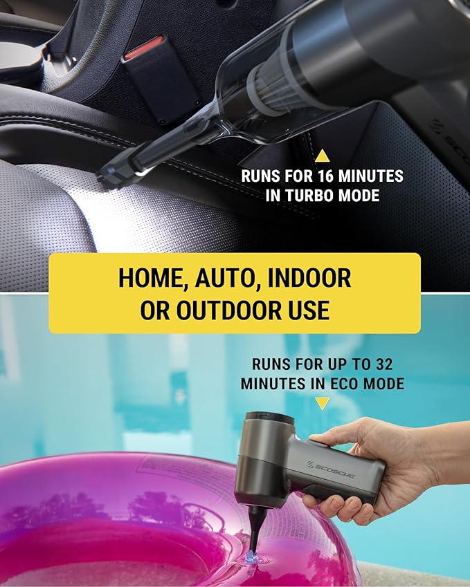 Scosche SCOVAC Cordless Handheld Vacuum Cleaner with Inflator, Deflator & Air Duster, 4-in-1 Small, High Power, Rechargeable and Portable Hand Held Vacuum for Car, Home, Office, Pet Hair