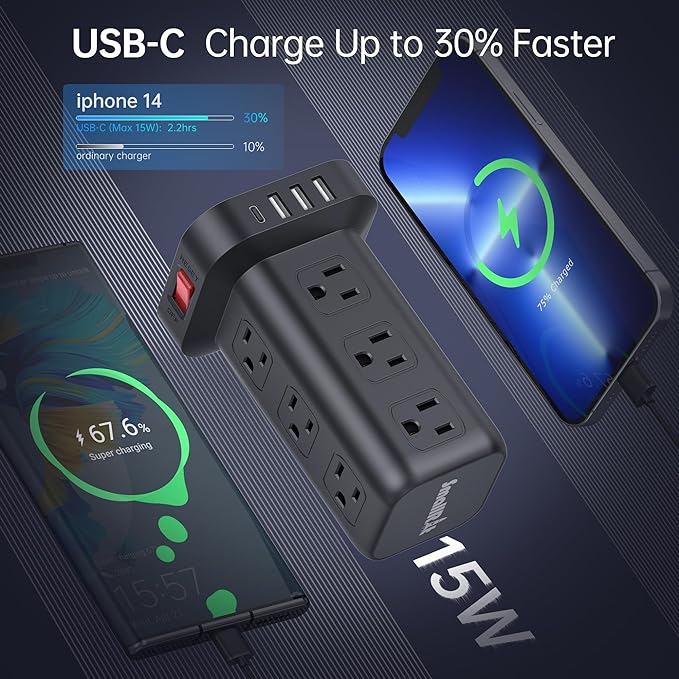 Surge Protector Power Strip Tower,10FT Extension Cord with Multiple Outlets, 12 AC 4 USB (1 USB C)，Mini Power Strip with USB Ports, Surge Protector Tower Overload Protection for Office, Desk