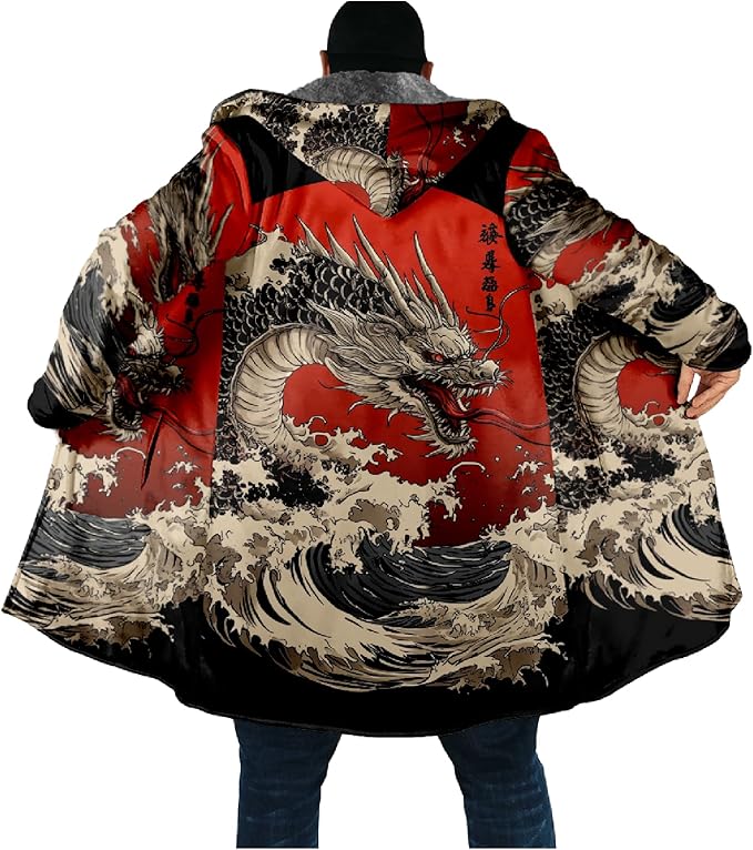 Mens Hooded Cardigan Japanese Art Zip Up Long Sleeve Sweater Hoodie Dragon Print Coat with Pockets