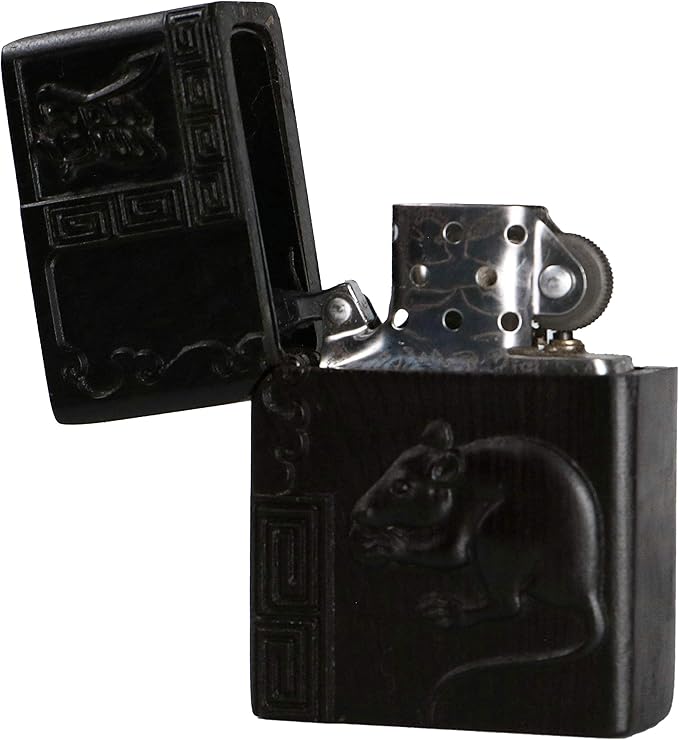 Natural Ebony Black Wood Carved Lighter Shell Box For Zippo Module (Zodiac Mouse)