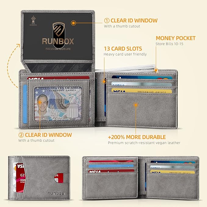 RUNBOX Wallet for Men Slim Rfid Leather 2 ID Window With Gift Box | Slim, Rfid, 2 ID Window, With Gift Box, Slim, Rfid