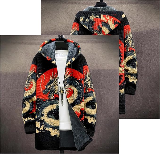 Mens Hooded Cardigan Japanese Art Zip Up Long Sleeve Sweater Hoodie Dragon Print Coat with Pockets