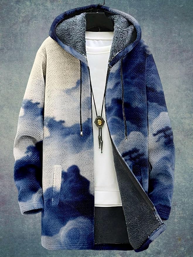 2025 Men's Ethnic Pattern Hooded Jacket Long Cardigan Hoodies Full Zip Vintage Knitted Zipper Coat with Pocket