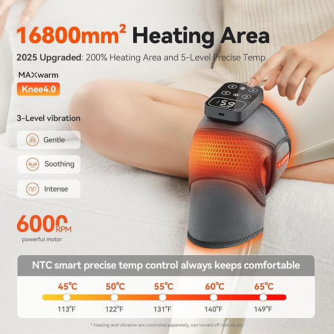 Cordless Knee Massager with Heat Vibration for Pain Relief, MAXwarm 4.0[2025 Upgraded] - Electric Heated Knee Brace with 5 Heat Levels and 3 Massage Mode, Gifts for Men Women (Grey, Single)