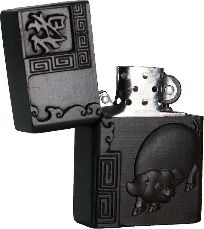 Natural Ebony Black Wood Carved Lighter Shell Box For Zippo Module (Zodiac Pig)