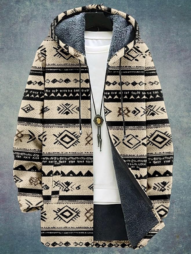 2025 Men's Ethnic Pattern Hooded Jacket Long Cardigan Hoodies Full Zip Vintage Knitted Zipper Coat with Pocket