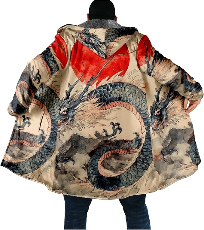 Mens Hooded Cardigan Japanese Art Zip Up Long Sleeve Sweater Hoodie Dragon Print Coat with Pockets