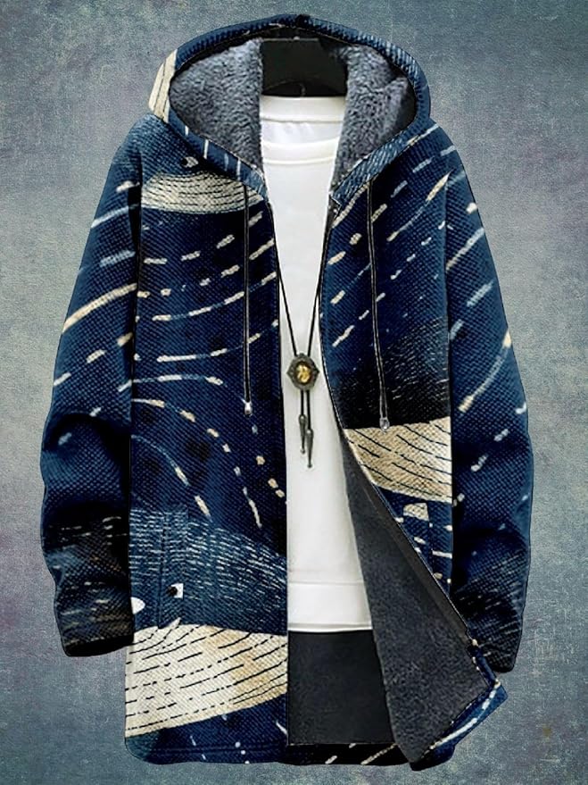 2025 Men's Ethnic Pattern Hooded Jacket Long Cardigan Hoodies Full Zip Vintage Knitted Zipper Coat with Pocket