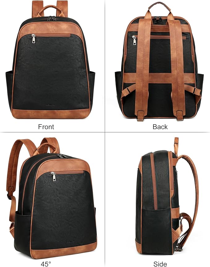 MASINTOR 15.6 inch Leather Laptop Backpack Purse for Women, Designer Travel and Work Bag with Laptop Compartment Black Brown