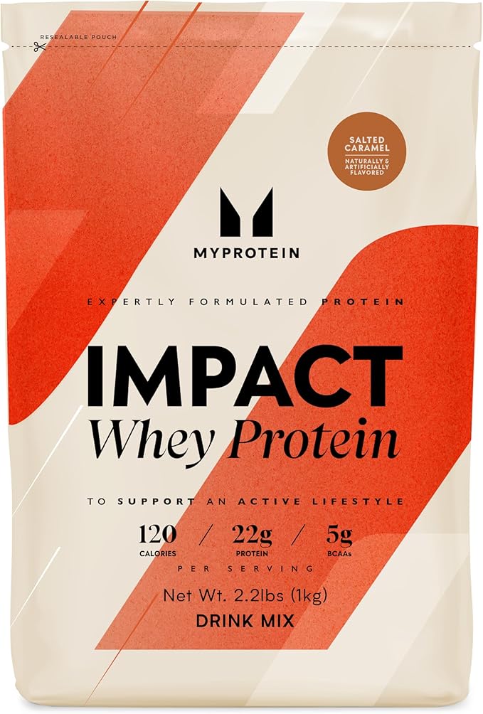 Myprotein Impact Whey Protein Powder, 2.2 Lbs (31 Servings) Salted Caramel, 22g Protein & 5g BCAA Per Serving, Protein Shake for Superior Performance, Muscle Strength & Recovery, Gluten Free