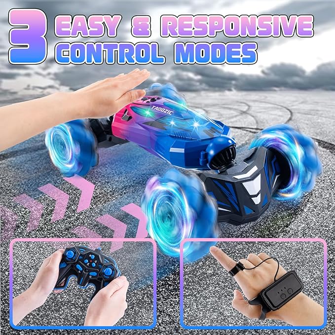 Gesture Sensing RC Stunt Car, 2.4GHz 4WD Stunt Car Toys for Ages 6-12 yr Boys Girls, Hand Controlled Remote Control Twist Cars, Offroad 360° Rotation with Lights and Music for Birthday Gifts