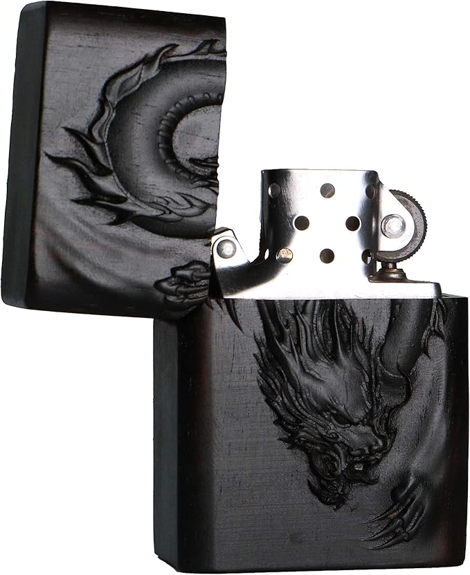 Natural Ebony Black Wood Carved Lighter Shell Box for Zippo Module (Dragon 1#)