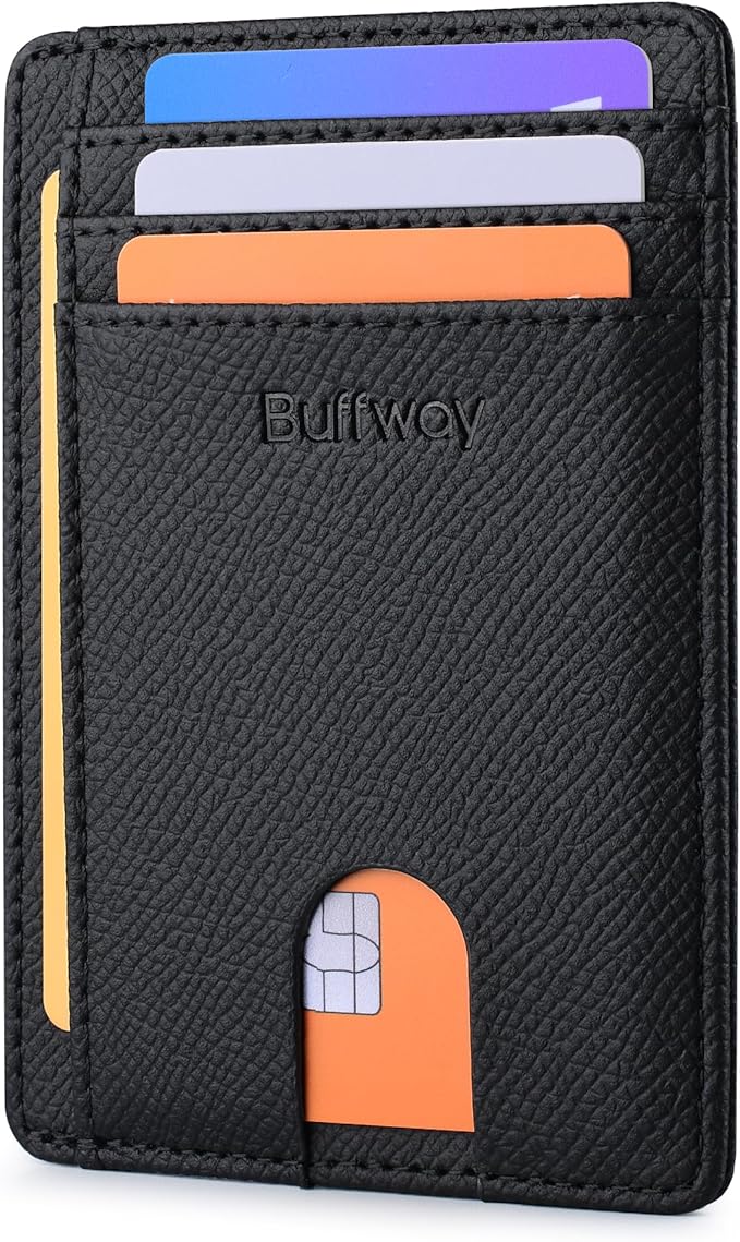 Buffway Slim Minimalist Front Pocket RFID Blocking Leather Wallets for Men and Women - Galaxy Black
