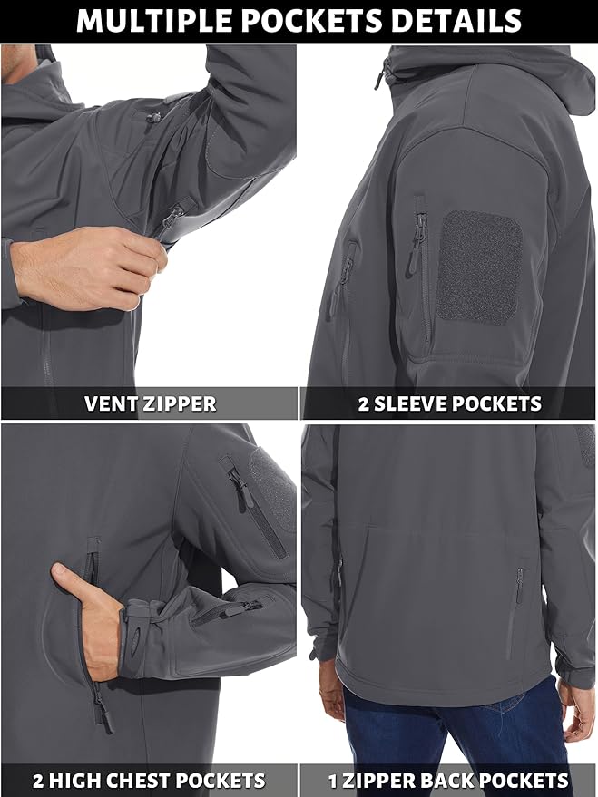 TACVASEN Men's Special Ops Military Tactical Soft Shell Winter Warm Fleece Lined Jacket Rain Hood Coat Hiking Snowboard