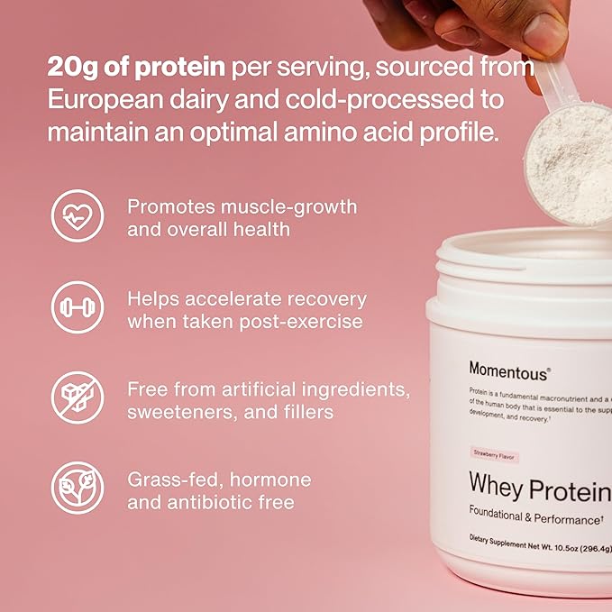 Momentous Essential Grass-Fed Whey Protein Powder - 20 g Whey Isolate Protein - NSF Certified for Sport - Gluten-Free - 12 Servings for Essential Everyday Use - Strawberry - Package May Vary