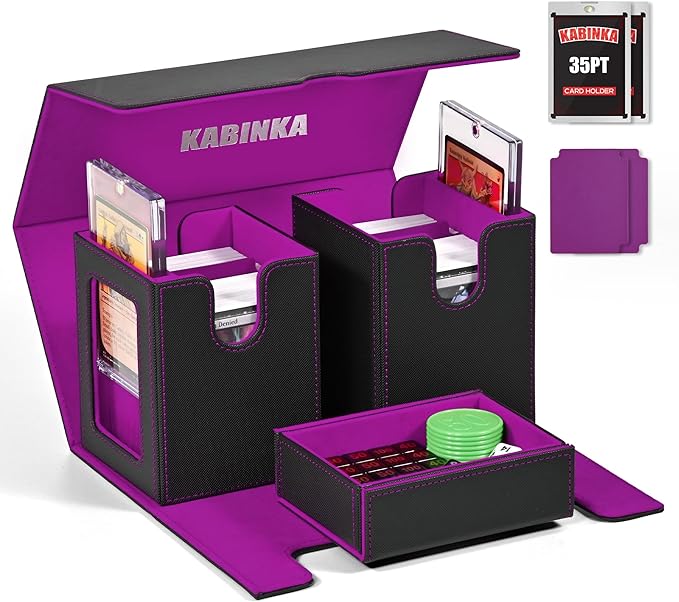 Kabinka Deck Box for MTG with Commander Display, 3 in 1 Trading Card Storage Box Fit 200 Double-sleeved Cards, Removable Deck Case for TCG/Sports Cards with 2 Magnetic Card Holders (Black Purple)