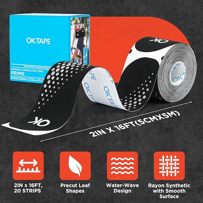 OK TAPE Synthetic Kinesiology Tape Precut Strips, Waterproof Kinesiology Athletic Tape for Joint & Muscle Support, Reflective and Durable Tape, 2in×16.4ft Roll 20PCS, Black