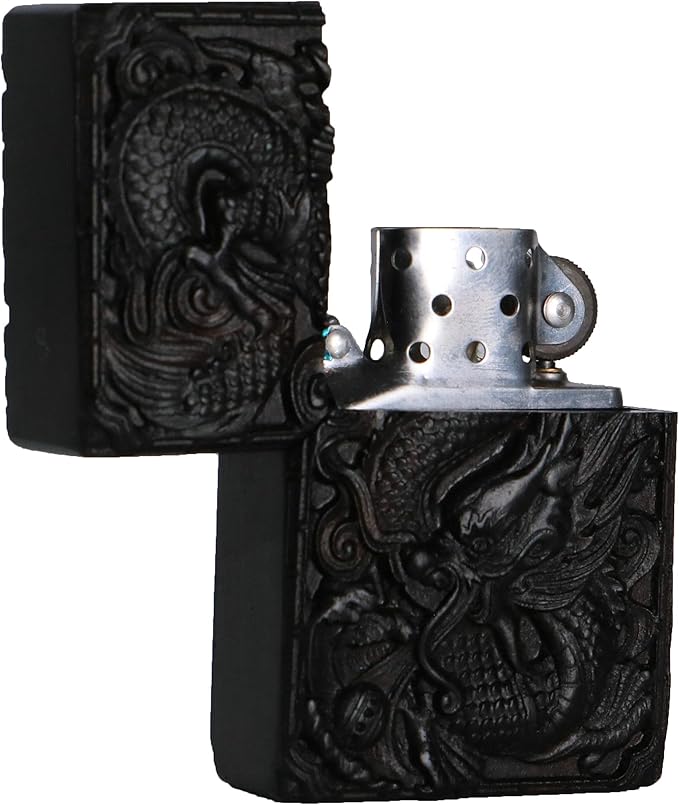 Natural Ebony Black Wood Carved Lighter Shell Box For Zippo Module (Dragon Phoenix)
