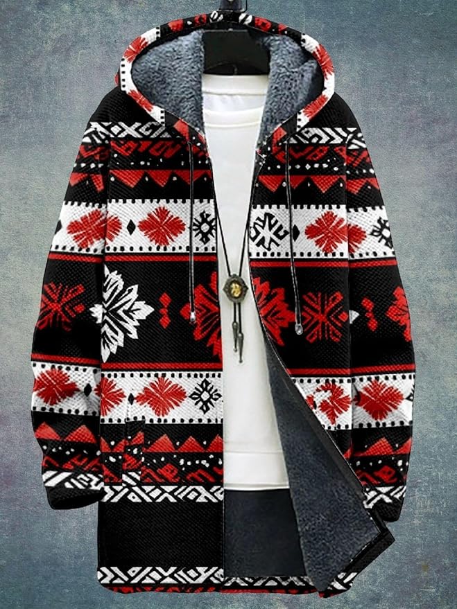 2025 Men's Ethnic Pattern Hooded Jacket Long Cardigan Hoodies Full Zip Vintage Knitted Zipper Coat with Pocket