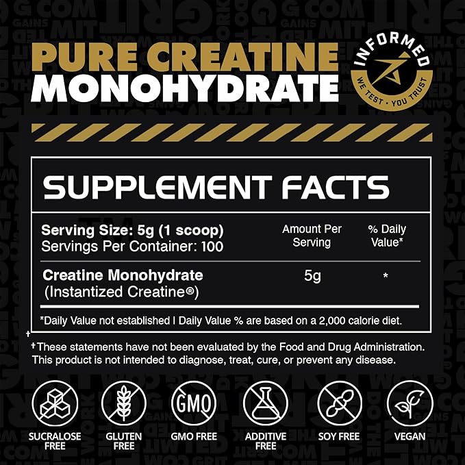 Gains in Bulk Instantized Creatine Monohydrate for Women and Men, Soluble Pre Workout Powder, Supports Muscle Building, Strength and Performance, Bodybuilding Supplements, Unflavored, 100 Servings