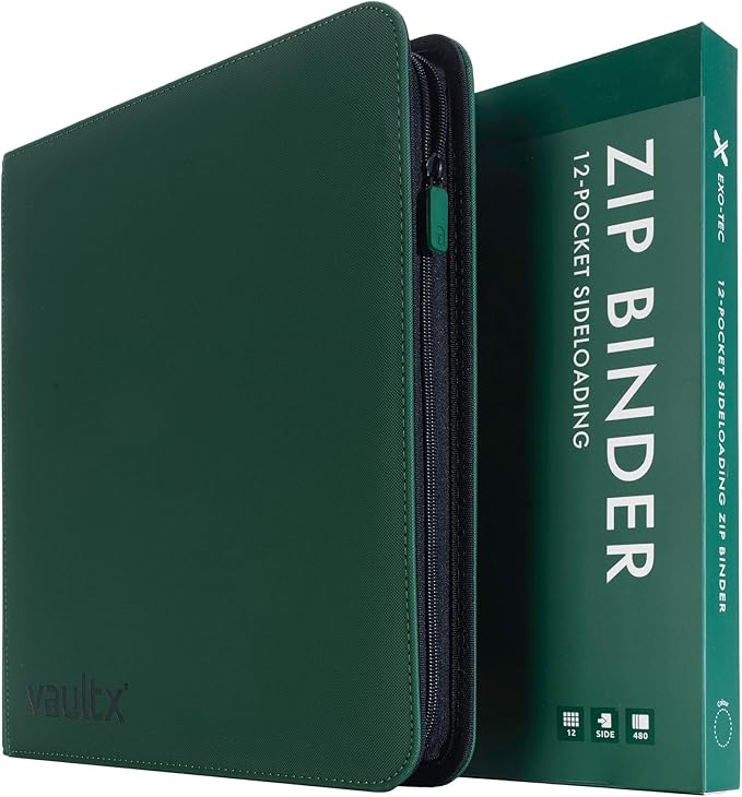 Vault X 12 Pocket Trading Card Zip Binder - 480 cards, Premium Exo-Tec Album Material, 20 Side-Loading Pages, Folder for Collectible Card Games, Sports, TCG (Green)