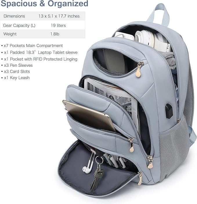 Boavan Laptop Backpack for women, 15.6 inch Laptop Bag with USB Port, Waterproof Travel Work Backpack Purse, Anti-Theft Teacher Nurse Doctor Casual Bookbags Office Business backpack，Blue