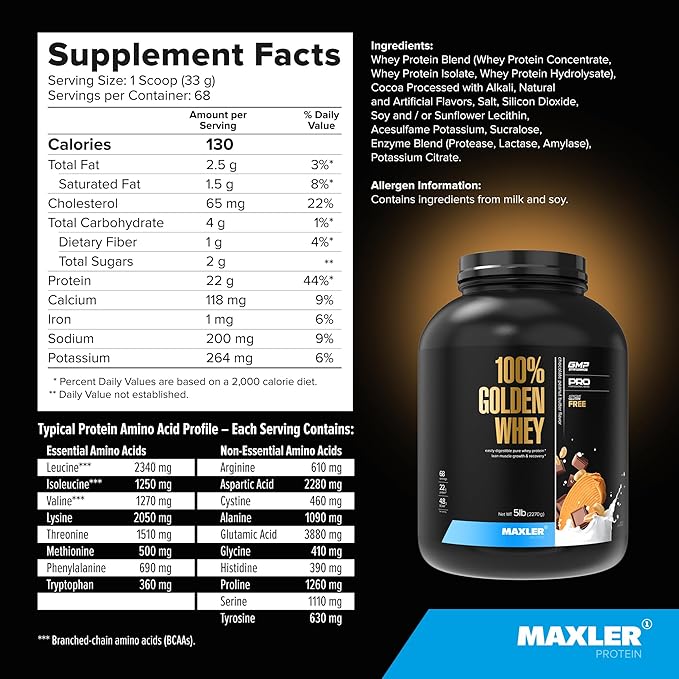 Maxler 100% Golden Whey Protein - 22g of Protein per Serving - Whey Protein Powder for Pre Post Workout - Fast-Absorbing Whey Concentrate, Isolate & Hydrolysate Blend - Chocolate Peanut Butter 5 lb
