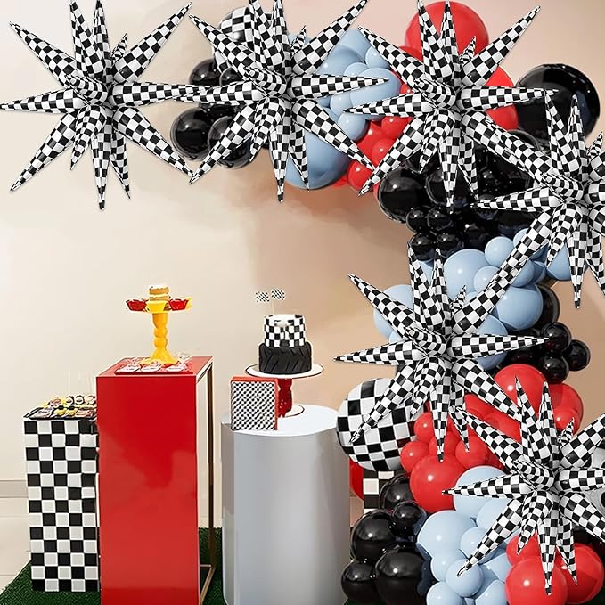 6PCS Checkered Star Balloons, 22 Inch Large Black and White Star Foil Balloons for Racing Themed Birthday Wedding Anniversary Party Backdrops Decorations