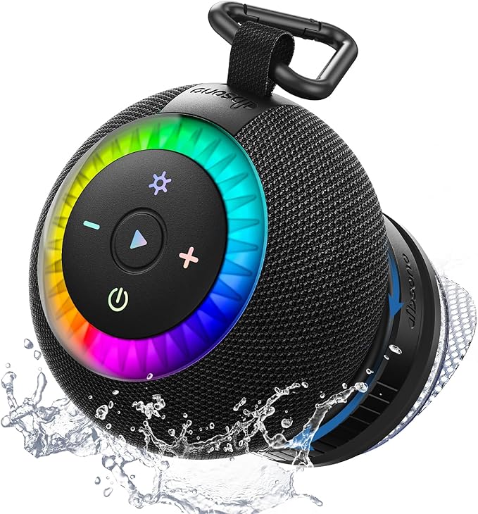 Shower Speaker Bluetooth Waterproof Portable: 360° Surround Sound, IPX7 Suction Cup Removable with Vacuum Exhaust Knob, 2 IN1, RGB Lights, BT5.4, TWS, Pool/Beach/Kayak, Gifts for Adults Teens-Black
