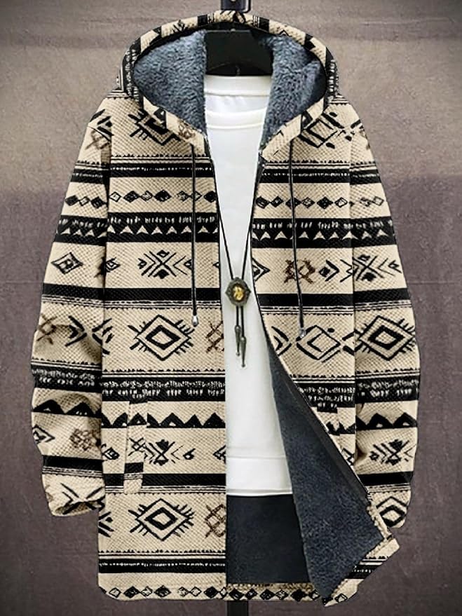 2025 Men's Ethnic Pattern Hooded Jacket Long Cardigan Hoodies Full Zip Vintage Knitted Zipper Coat with Pocket