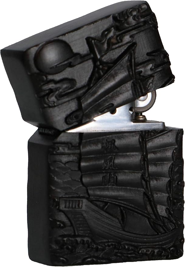 Natural Ebony Black Wood Carved Lighter Shell Box For Zippo Module (Sailing Boat)