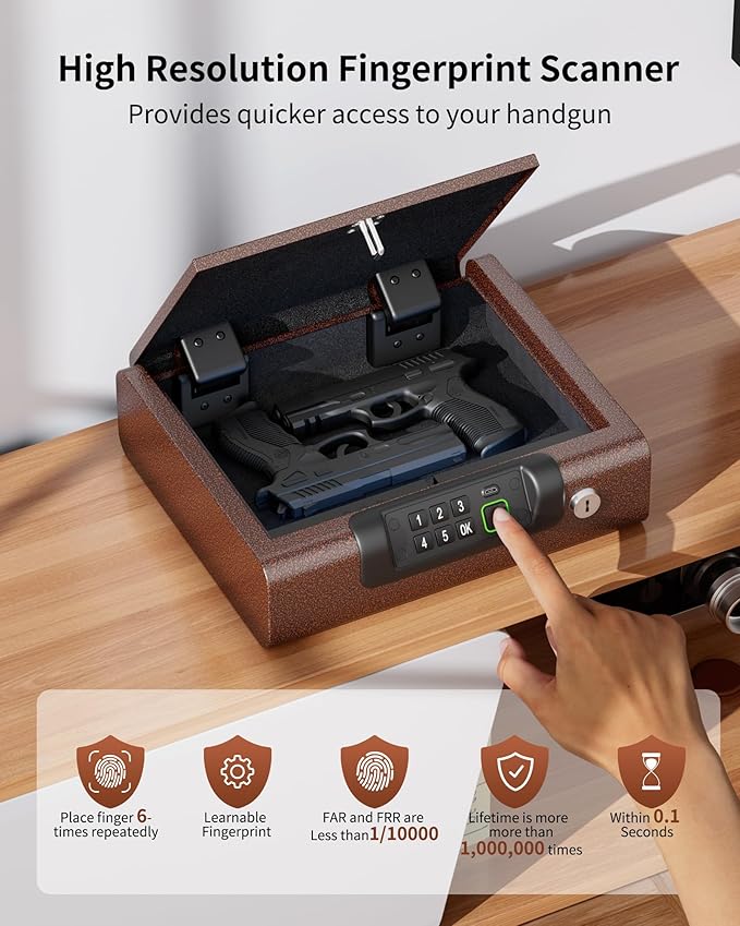 Gun Safe,Biometric Gun Safe for Pistols 3-Ways unlock Fingerprint Digital PIN Key Unlock with Voice, Lock box for Cloakroom living room Bedroom Nightstand and Car BILLCONCH - Antique Bronze