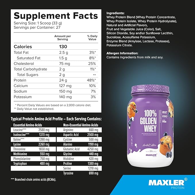 Maxler 100% Golden Whey Protein - 24g of Protein per Serving - Whey Protein Powder for Pre Post Workout - Fast-Absorbing Whey Concentrate, Isolate & Hydrolysate Blend - Blueberry Muffin 2 lb