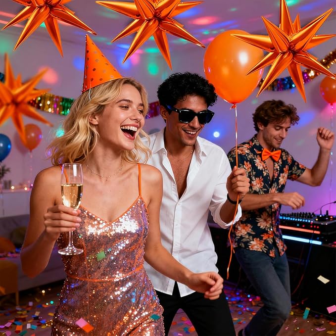 60Pcs Orange Star Balloons Foil Explosion Mylar Balloon 12 Point Spike Ballons Metallic Photo Backdrops for Christmas Halloween Thanksgiving Wedding Anniversary Birthday Fall Theme Party Decorations