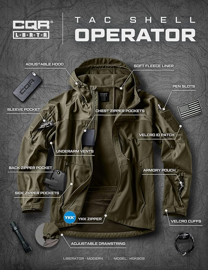 CQR Men's Tactical Softshell Jacket, Winter Warm Fleece Lined Coat, Water Resistant Outdoor Hunting Hiking Rain Windbreaker