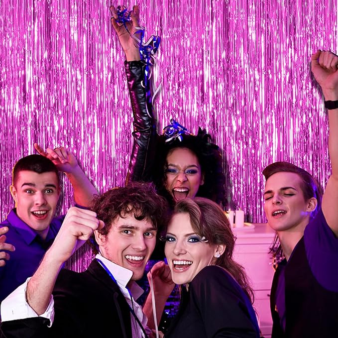 BOMSI 10 Pack Hot Pink Party Decorations Tinsel Curtain Streamers Foil Fringe Photo Booth Backdrop