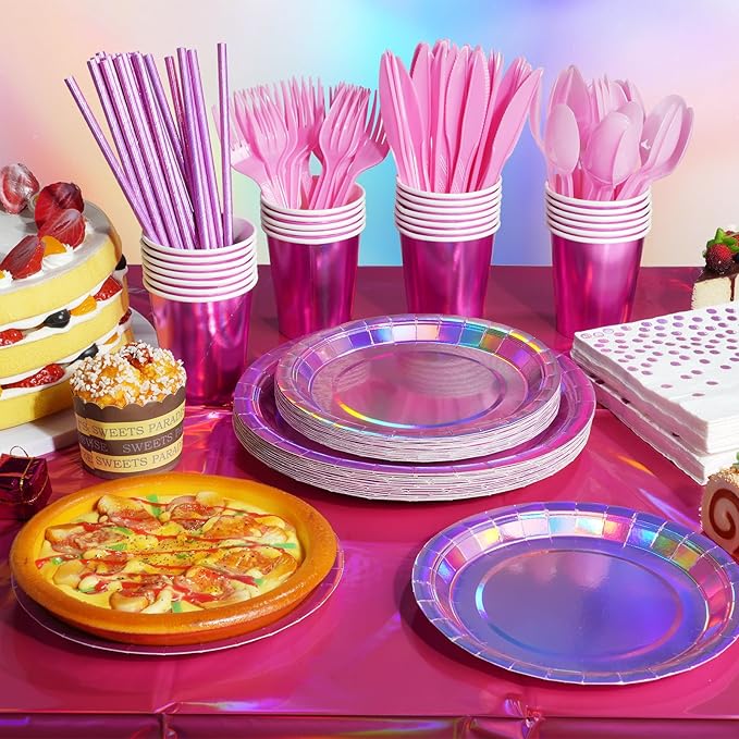 Iridescent Pink Party Supplies Decorations Serve 50, Hot Pink Holographic Paper Plates and Napkins Set, Disposable Pink Paper Plates Cups Knives Spoons Fork for Mermaid Disco Birthday Graduation Party